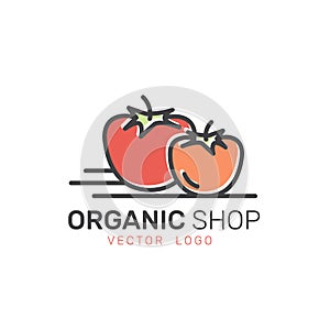 Logo for Organic Vegan Healthy Shop or Store. Green Natural Vegetable and Fruit Symbols, Farmer Market Countryside