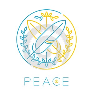 Logo Peace feather dove with olive branch editable stroke blue and yellow color, Peaceful Pray and Stop war concept, minimal flat