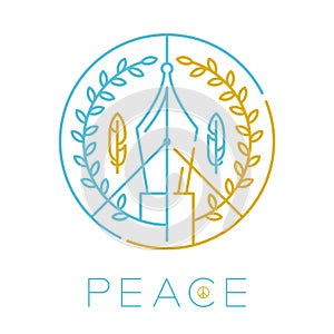 Logo Peace Press Fountain pen with olive branch editable stroke blue and gold color, Peaceful Pray and Stop war concept minimal