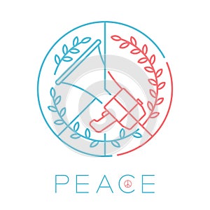 Logo Peace Press megaphone with olive branch editable stroke blue and red color, Peaceful Pray and Stop war concept minimal flat