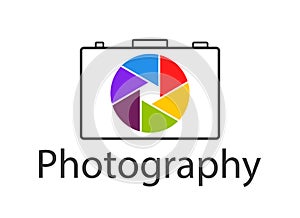 Logo of photo studio. Camera for photography. Icon of shutter, aperture and focus for photographer. Design for creative of company