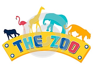 Logo, plate, pointer zoo. Animals on the text. In minimalist style. Cartoon flat Vector