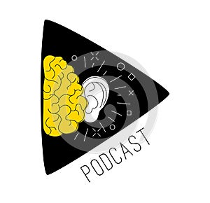 Logo podcast radio broadcast. Brain ear blue play button background