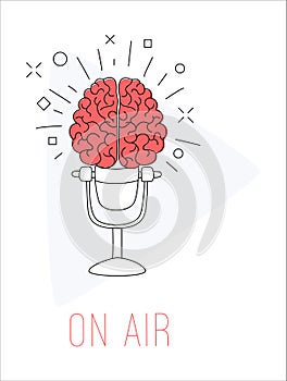 Logo podcast radio broadcast. Brain with mic play button background