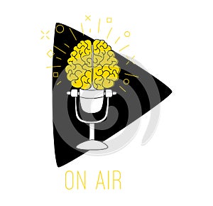 Logo podcast radio broadcast. Brain with mic play button background.