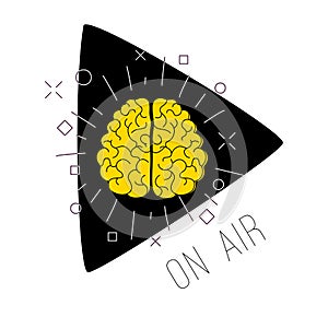 Logo podcast radio broadcast. Human brain blue play button background.