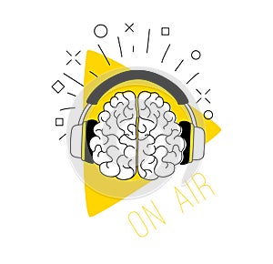 Logo podcast radio broadcast. Human brain headphones play button background