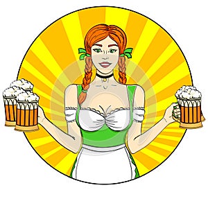 Logo Pop art Germany Girl waitress carries five beer glasses, oktoberfest. Comic style imitation. Banner, poster or