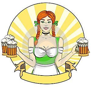 Logo Pop art Germany Girl waitress carries five beer glasses, oktoberfest. Comic style imitation. Banner, poster or