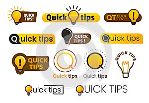 Logo quick tips. Yellow lightbulb icon with quicks tip text. Lamp of advice idea vector banner set