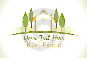 Logo real estate gold house with trees logo vector