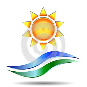 Logo with a realistic image of the sun and waves symbolizing water and earth. Vector EPS10