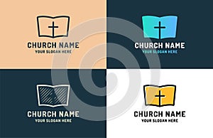 Logo for religious community. Holy Bible icon with the cross. Design element for poster, banner, card, emblem, sign, label. Vector