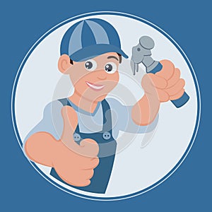 Logo, repair, young cheerful man in a work uniform with a hammer. Icon, illustration