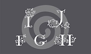 Logo rose set. Floral alphabet logo set. Rose flowers in design. Delicate monograms for wedding, boutique, flower business,