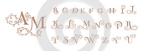 Logo rose set. Floral alphabet logo set. Rose flowers in design. Delicate monograms for wedding, boutique, flower business,