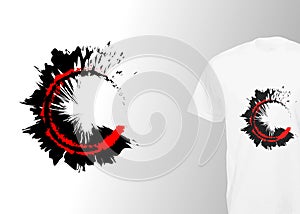 Logo round grunge print. Stylish t-shirt and apparel modern design with fashion black and red splash circle, vector isolated