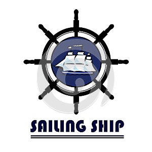 Logo of a sailing ship with a ship steering wheel