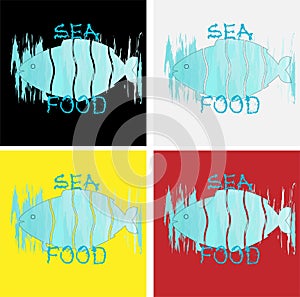 Logo of sea food from cut fish on the background of strokes of watercolor of the color of sea water