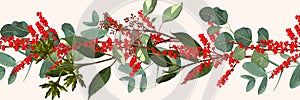 Horizontal pattern with red berries, and eucalyptus. Cute wedding floral vector design frame.