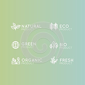 Logo Set Badge Fresh Organic, Eco Product, Bio Ingredient Label Badge with Leaf, Earth