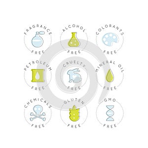 Logo Set Badge Ingredient Warning Label Icons. GMO, Fragrance, Cruelty, Alcohol, Colorants, Petroleum, Mineral Oils, Chemicals, Gl