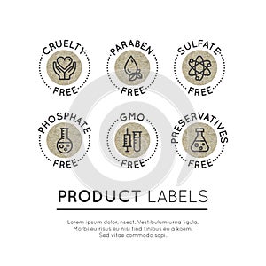 Logo Set Badge Ingredient Warning Label Icons. GMO, SLS, Paraben, Cruelty, Sulfate, Sodium, Phosphate, Silicone