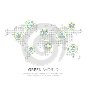 Logo Set Badge Recycling Ecological Concept. One Page Web Site Template Banner with Global Map, Infographic Poster