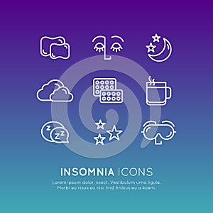 Logo Set Badge with Sleep problems and insomnia icons, treatment and pills, sleeping person with mask