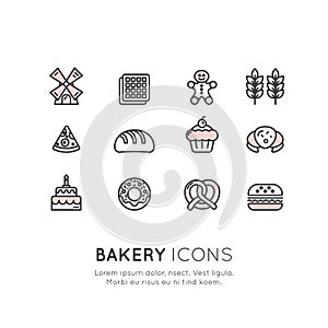 Logo Set of Bakery Sweet Shop, Custom Cake Production, Bread Factory, Pretzel and Waffle, Donut, Cookie