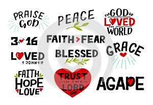 Logo set with Bible verse Faith, Hope, Love, Trust in the Lord, Praise God, 3 16, Blessed, Agape, Grace, Faith fear