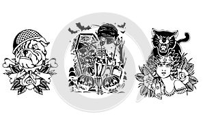 logo set design of head dog soldier , halloween artwork, black panther and beauty women vector