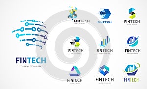 Logo set - fintech, blockchain, technology, biotechnology, tech icons and symbols