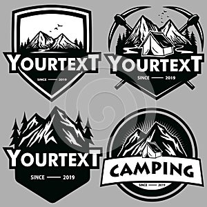 Logo Set for Mountain Adventure , Camping, Climbing Expedition. Vintage Vector Logo and Labels, Icon Template Design Illustration photo