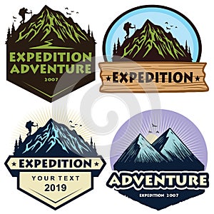 Logo Set for Mountain Hiking Climbing Adventure, Emblems, and Badges. Vector Illustration Design Elements Template Collections