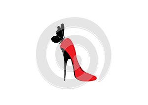 Logo shoe store, shop, fashion collection, boutique label. Company logo design. Red high heel shoes with butterfly, isolate