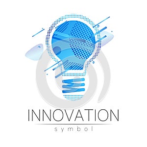 Logo sign of innovation in science. Lamp symbol for concept, business, technology, creative idea, web. Blue fluid color