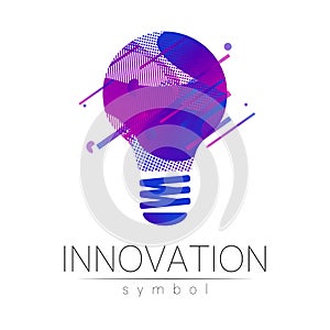 Logo sign of innovation in science. Lamp symbol for concept, business, technology, creative idea, web. Blue fluid color