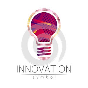 Logo sign of innovation in science. Lamp symbol for concept, business, technology, creative idea, web. Red violet color