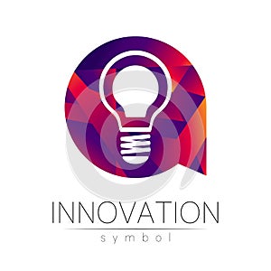 Logo sign of innovation in science. Lamp symbol for concept, business, technology, creative idea, web. Red violet olor