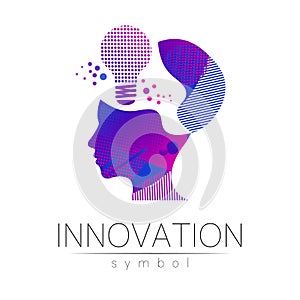 Logo sign of innovation in science. Lamp symbol and human head for concept, business, technology, creative idea, web