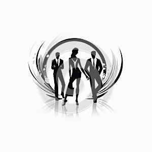 Logo silhouettes of two men in suits and a woman in a circle white background. Celebrating Black History Month