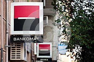 Logo of Societe Generale on one of their branches also called Societe generale Srbija indicating an ATM Bankomat