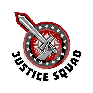 Logo squad of justice, sword in hand. Vector illustration. Flat style