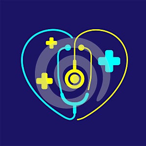 Logo Stethoscope in Heart love frame with cross icon, Medical doctor take care concept design illustration blue, yellow color