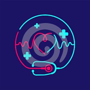 Logo Stethoscope and heartbeat wave in circle frame with cross icon, Medical doctor take care concept design illustration blue,