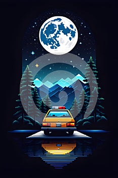A logo style of a night driving trip with a beautiful nature view, forest, mountain, moon, car, black background, t-shirt design