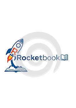 A logo with a stylized rocket taking off from an open book. The