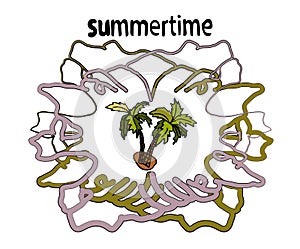 The logo of summer time with a palm tree in the middle and on the edge of the frame comes from a ragged rectangle