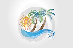 Logo summer tropical palm trees sun and waves watercolor